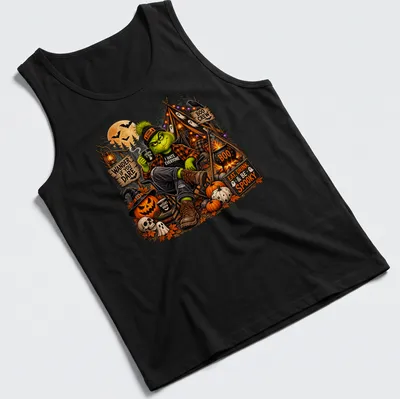 Illustration of the Grinch in camping gear with Halloween themes and text — printed on a tank top