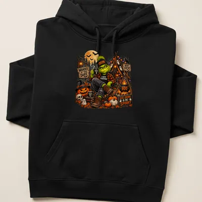 Illustration of the Grinch in camping gear with Halloween themes and text — printed on a unisex hoodie