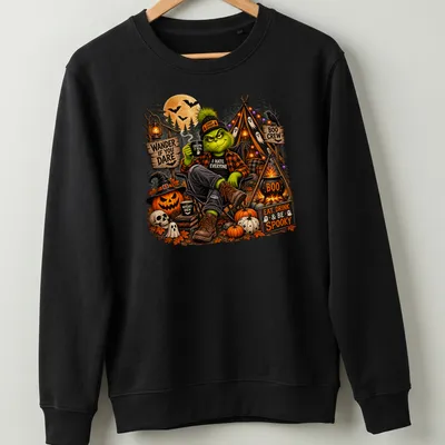 Illustration of the Grinch in camping gear with Halloween themes and text — printed on a unisex sweatshirt