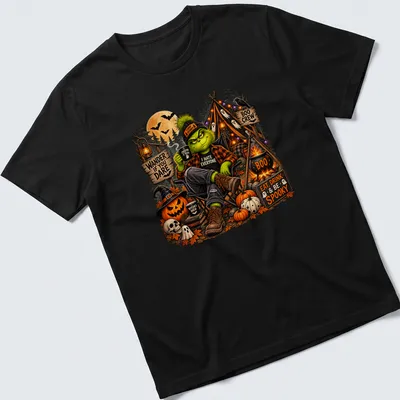 Illustration of the Grinch in camping gear with Halloween themes and text — printed on a unisex t-shirt