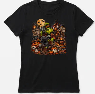Illustration of the Grinch in camping gear with Halloween themes and text — printed on a women's shirt