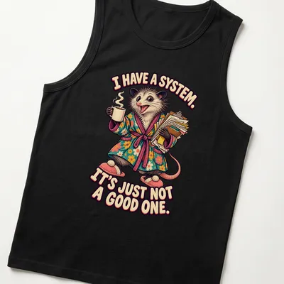 Vintage cartoon opossum in floral robe with humorous text — printed on a tank top