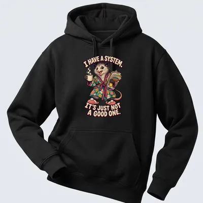 Vintage cartoon opossum in floral robe with humorous text — printed on a unisex hoodie
