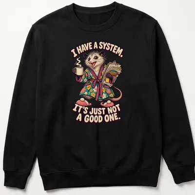 Vintage cartoon opossum in floral robe with humorous text — printed on a unisex sweatshirt