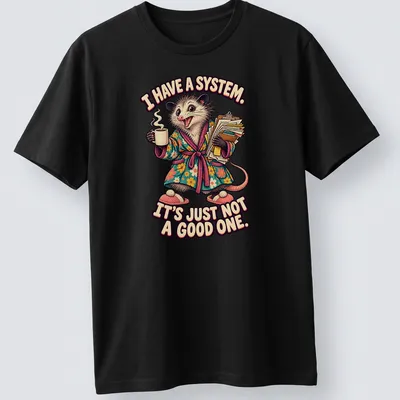 Vintage cartoon opossum in floral robe with humorous text — printed on a unisex t-shirt