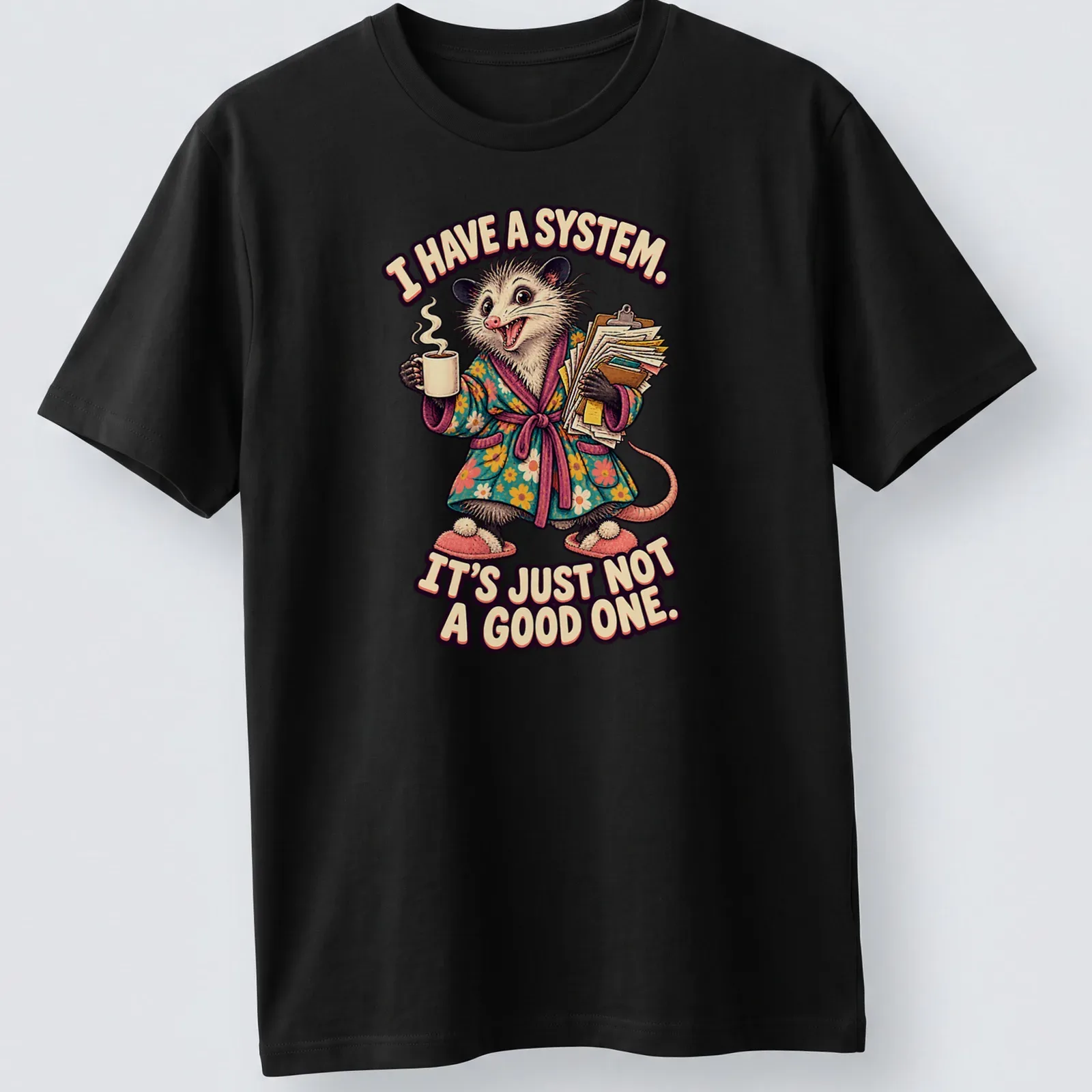 Vintage cartoon opossum in floral robe with humorous text — printed on a unisex t-shirt