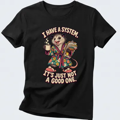 Vintage cartoon opossum in floral robe with humorous text — printed on a women's shirt