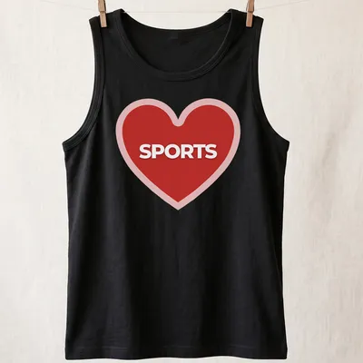 Bold graphic of a red heart with the word SPORTS inside — printed on a tank top
