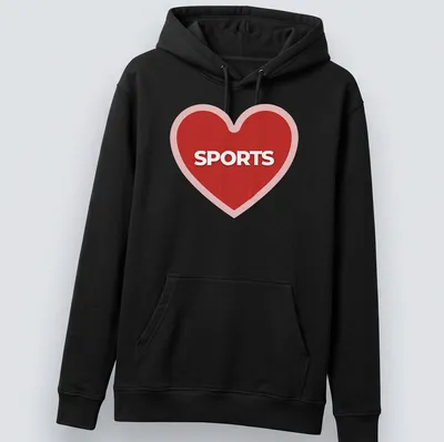 Bold graphic of a red heart with the word SPORTS inside — printed on a unisex hoodie