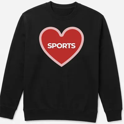Bold graphic of a red heart with the word SPORTS inside — printed on a unisex sweatshirt