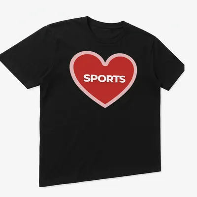 Bold graphic of a red heart with the word SPORTS inside — printed on a unisex t-shirt (angled view)
