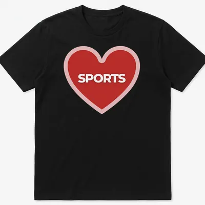 Bold graphic of a red heart with the word SPORTS inside