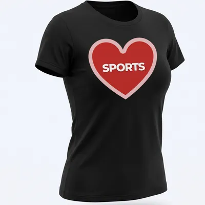 Bold graphic of a red heart with the word SPORTS inside — printed on a women's shirt