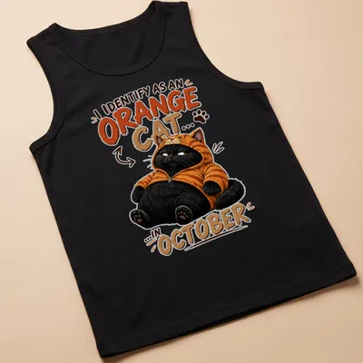 Cartoon black cat in a tiger hoodie with humorous text for cat lovers — printed on a tank top