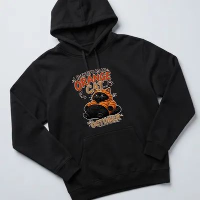 Cartoon black cat in a tiger hoodie with humorous text for cat lovers — printed on a unisex hoodie