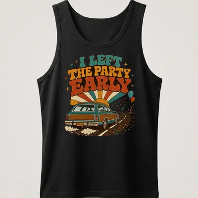 Retro station wagon shirt with humorous text about leaving parties early — printed on a tank top