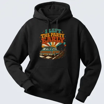 Retro station wagon shirt with humorous text about leaving parties early — printed on a unisex hoodie