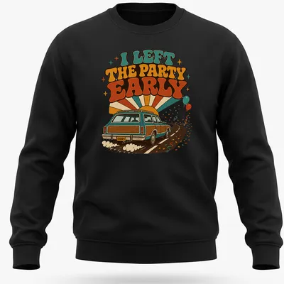 Retro station wagon shirt with humorous text about leaving parties early — printed on a unisex sweatshirt