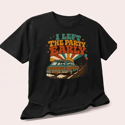 Retro station wagon shirt with humorous text about leaving parties early — printed on a unisex t-shirt (angled view)