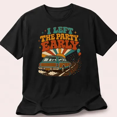 Retro station wagon shirt with humorous text about leaving parties early