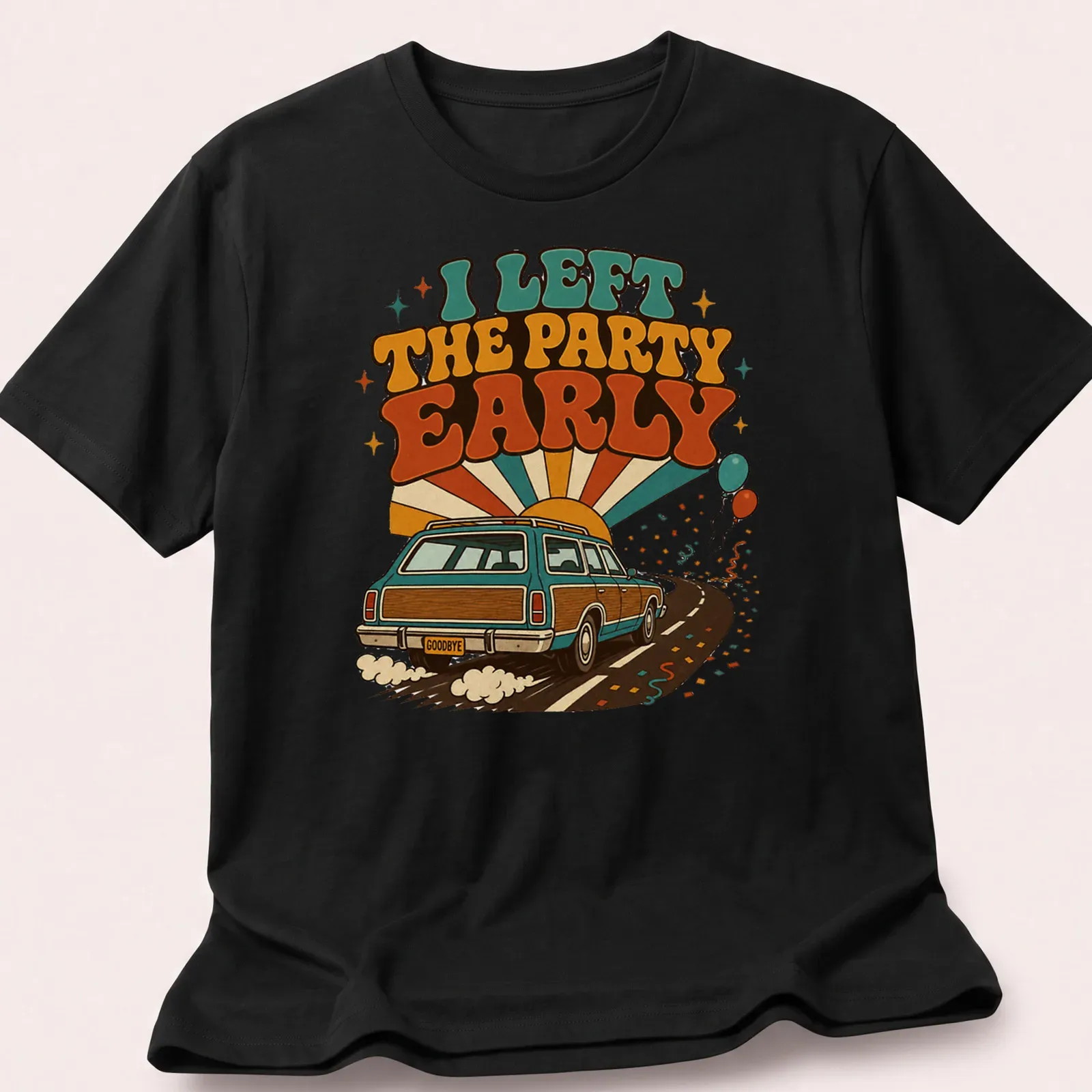 Retro station wagon shirt with humorous text about leaving parties early — printed on a unisex t-shirt