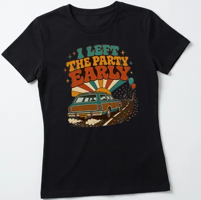 Retro station wagon shirt with humorous text about leaving parties early — printed on a women's shirt