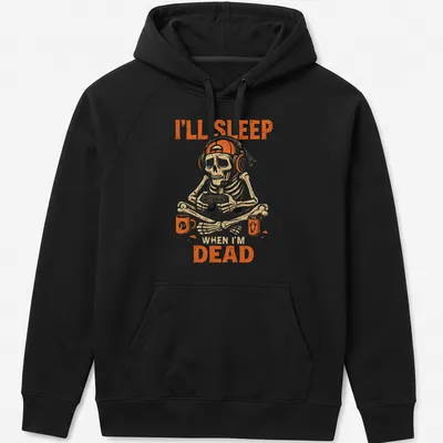 Vintage distressed tee featuring a skeleton gaming with text about sleeping when dead — printed on a unisex hoodie