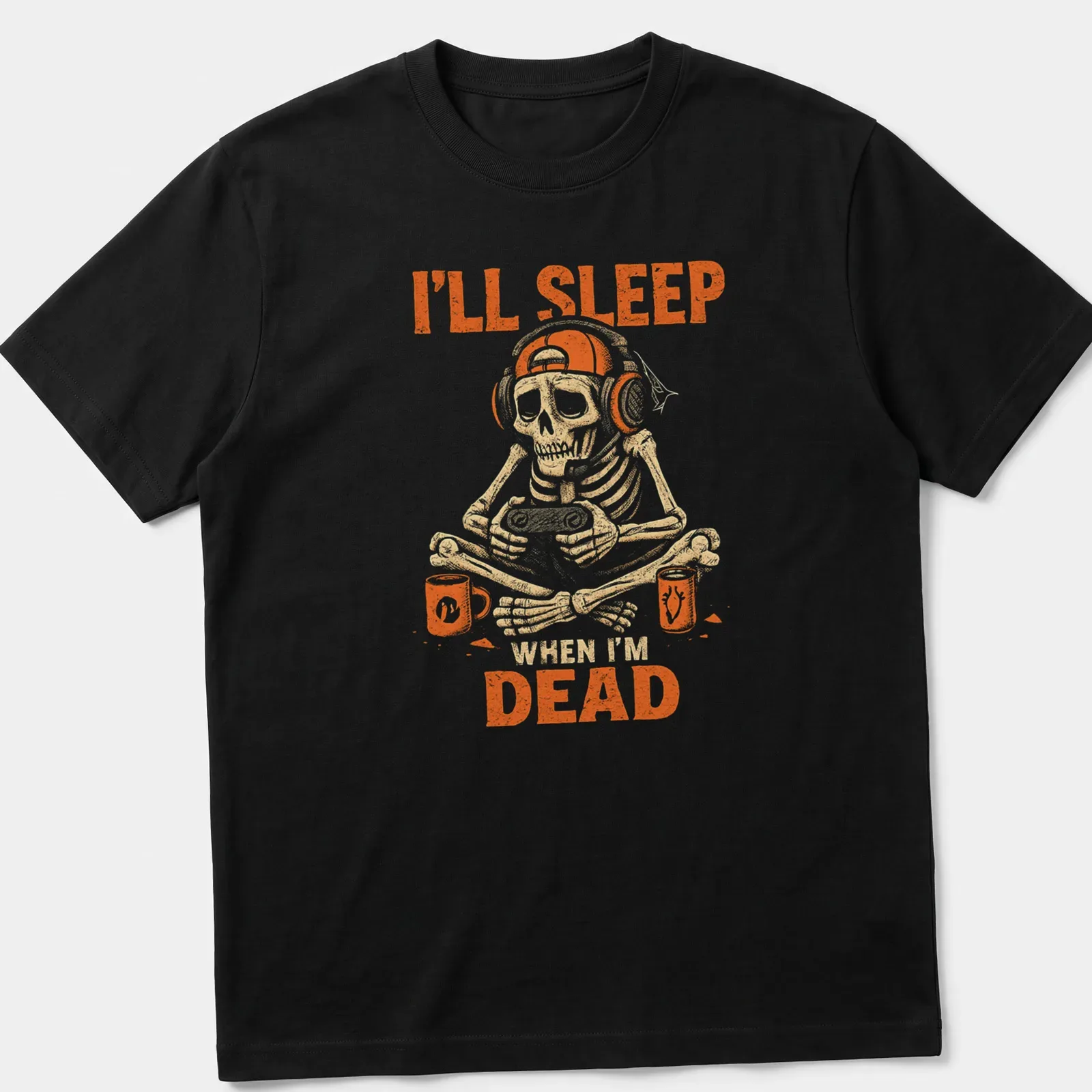 Vintage distressed tee featuring a skeleton gaming with text about sleeping when dead — printed on a unisex t-shirt
