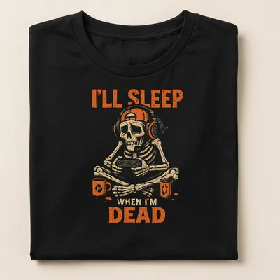 Vintage distressed tee featuring a skeleton gaming with text about sleeping when dead — printed on a women's shirt