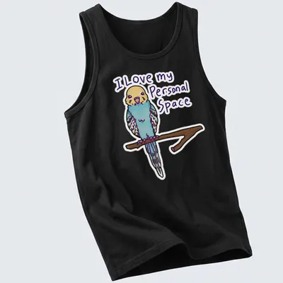 Kawaii budgerigar T-shirt with playful text about personal space. — printed on a tank top