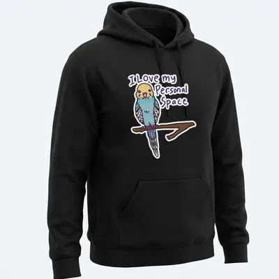 Kawaii budgerigar T-shirt with playful text about personal space. — printed on a unisex hoodie