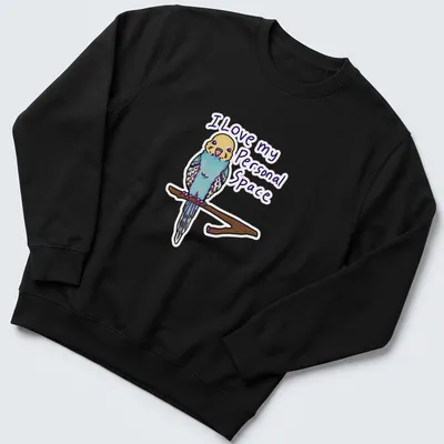 Kawaii budgerigar T-shirt with playful text about personal space. — printed on a unisex sweatshirt