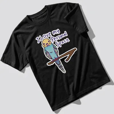 Kawaii budgerigar T-shirt with playful text about personal space.