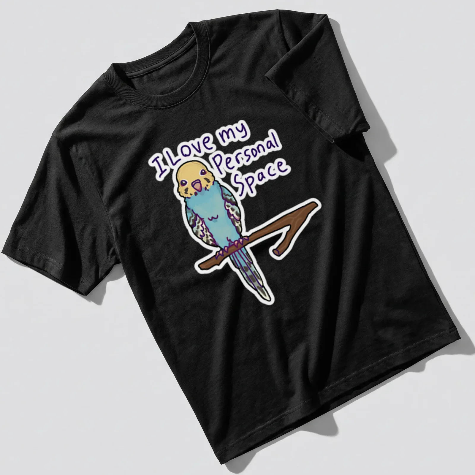 Kawaii budgerigar T-shirt with playful text about personal space. — printed on a unisex t-shirt
