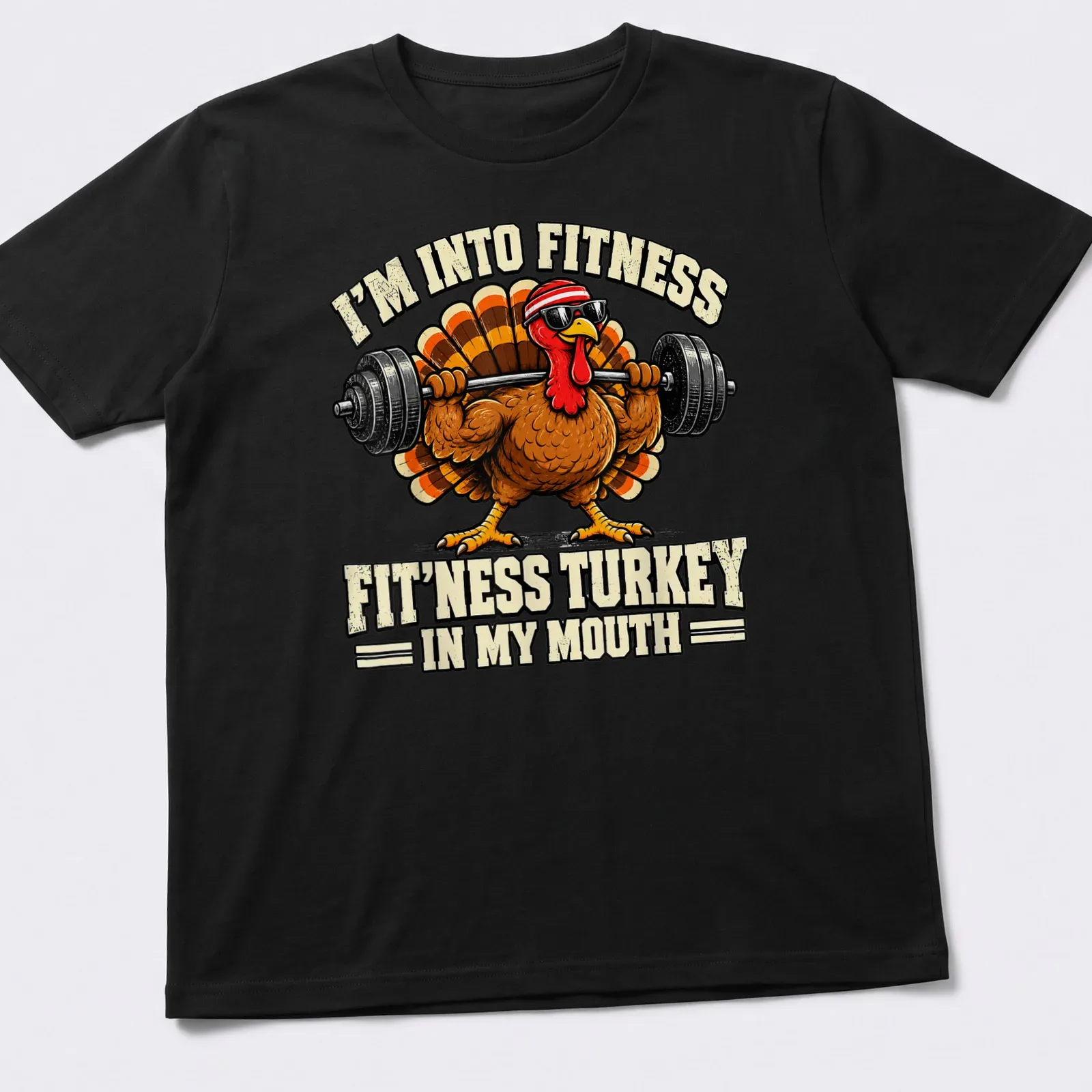 Funny cartoon turkey with workout text saying I'm Into Fitness — printed on a unisex t-shirt
