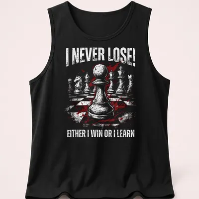 Grunge style Chess T-shirt with white, red, and black text about winning and learning — printed on a tank top