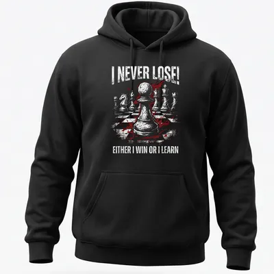 Grunge style Chess T-shirt with white, red, and black text about winning and learning — printed on a unisex hoodie