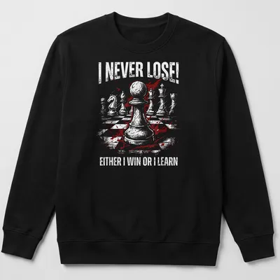 Grunge style Chess T-shirt with white, red, and black text about winning and learning — printed on a unisex sweatshirt