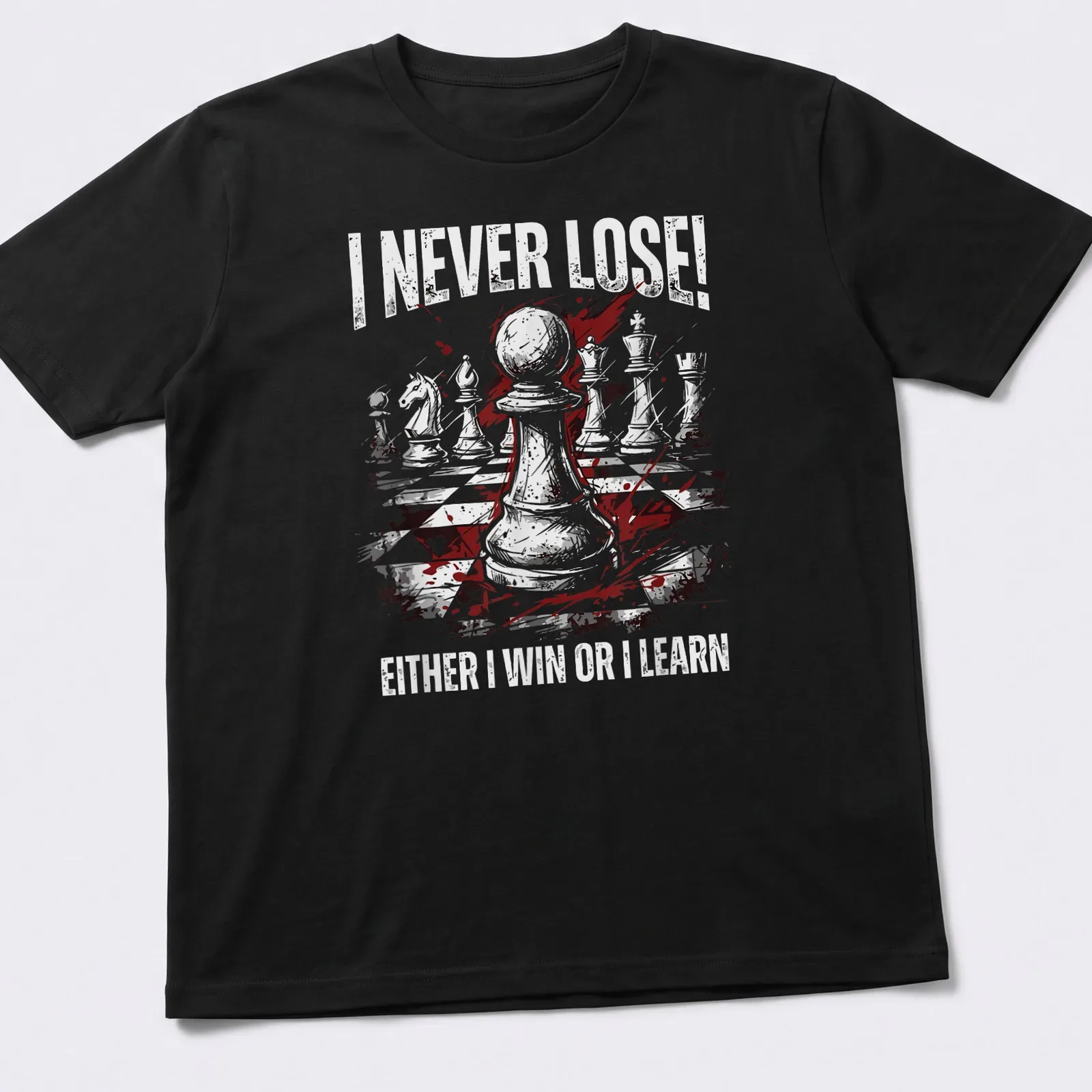 Grunge style Chess T-shirt with white, red, and black text about winning and learning — printed on a unisex t-shirt