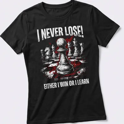 Grunge style Chess T-shirt with white, red, and black text about winning and learning — printed on a women's shirt