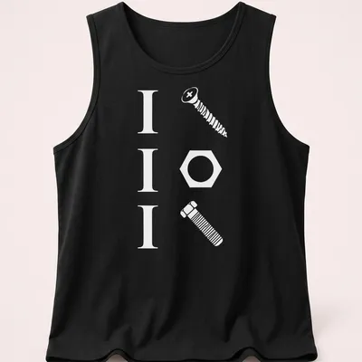 Funny handyman shirt with a pun featuring a screw, nut, and bolt in bold typography — printed on a tank top
