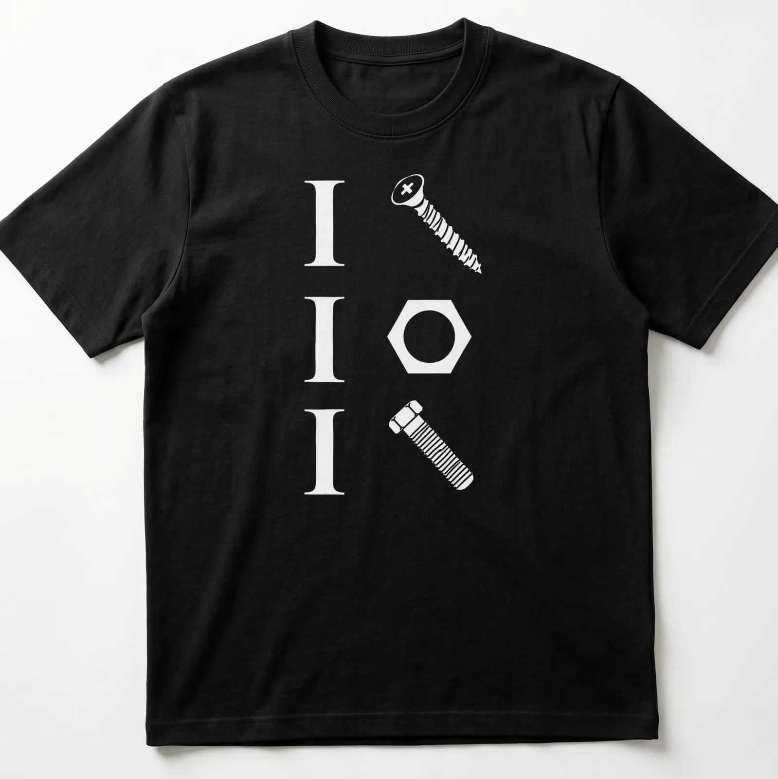 Funny handyman shirt with a pun featuring a screw, nut, and bolt in bold typography — printed on a unisex t-shirt