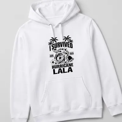 Bold graphic t-shirt featuring hurricane and tropical elements with the text I Survived August 2026 Hurricane Lala — printed on a unisex hoodie