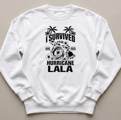 Bold graphic t-shirt featuring hurricane and tropical elements with the text I Survived August 2026 Hurricane Lala — printed on a unisex sweatshirt