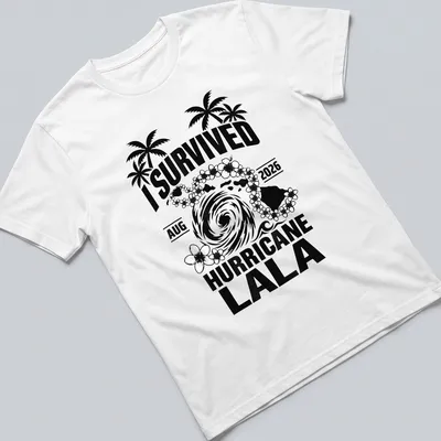 Bold graphic t-shirt featuring hurricane and tropical elements with the text I Survived August 2026 Hurricane Lala