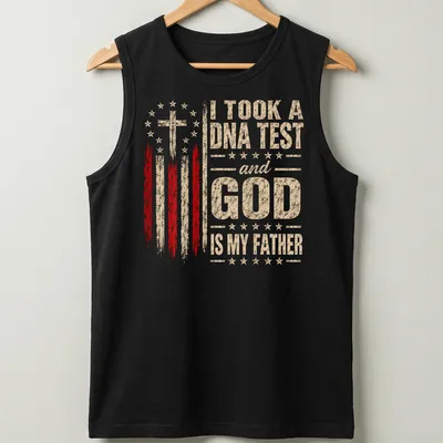 Vintage distressed t-shirt featuring a humorous cross design with text about faith — printed on a tank top