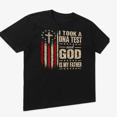 Vintage distressed t-shirt featuring a humorous cross design with text about faith — printed on a unisex t-shirt (angled view)