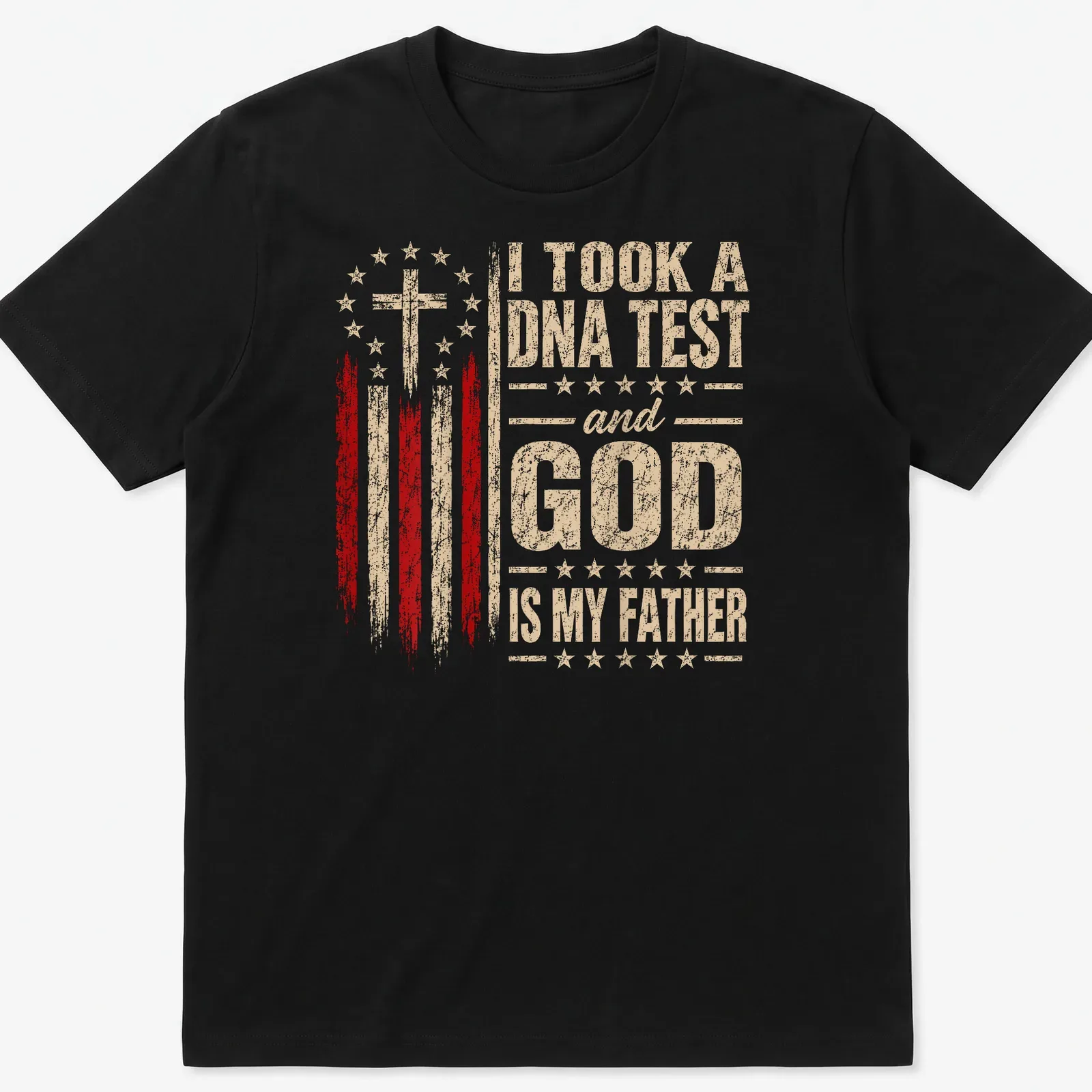 Vintage distressed t-shirt featuring a humorous cross design with text about faith — printed on a unisex t-shirt
