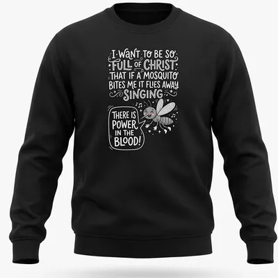 Playful doodle of a smiling mosquito with humorous text about faith. — printed on a unisex sweatshirt