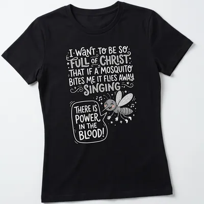 Playful doodle of a smiling mosquito with humorous text about faith. — printed on a women's shirt